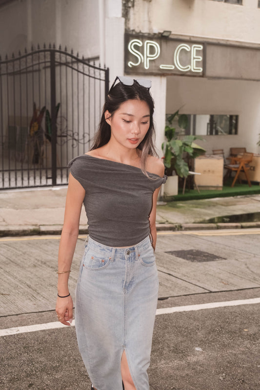 <SALE> Asymmetric Ruched Top - Grey