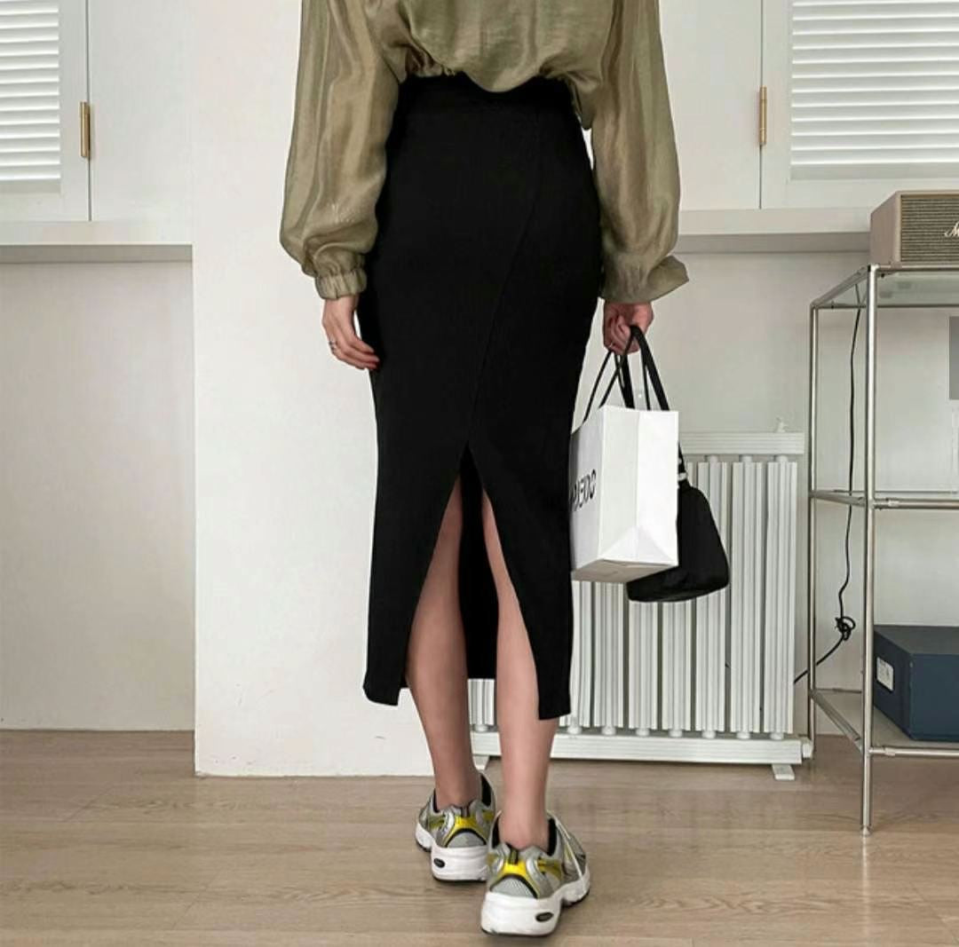 Basic Stretchy Split Maxi Skirt - Grey