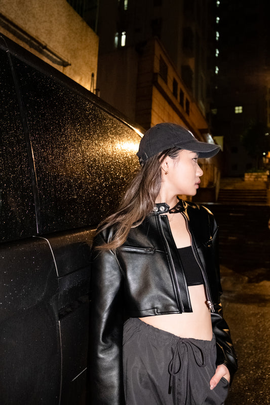 Doodles Faux Leather Jacket Cropped