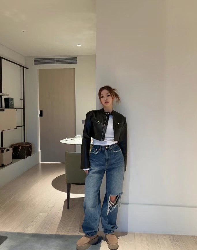 Doodles Faux Leather Jacket Cropped