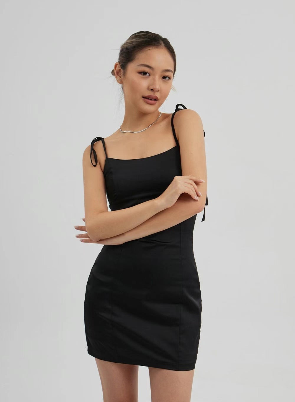 Perfecto Tie Shoulder Silky Dress - Black