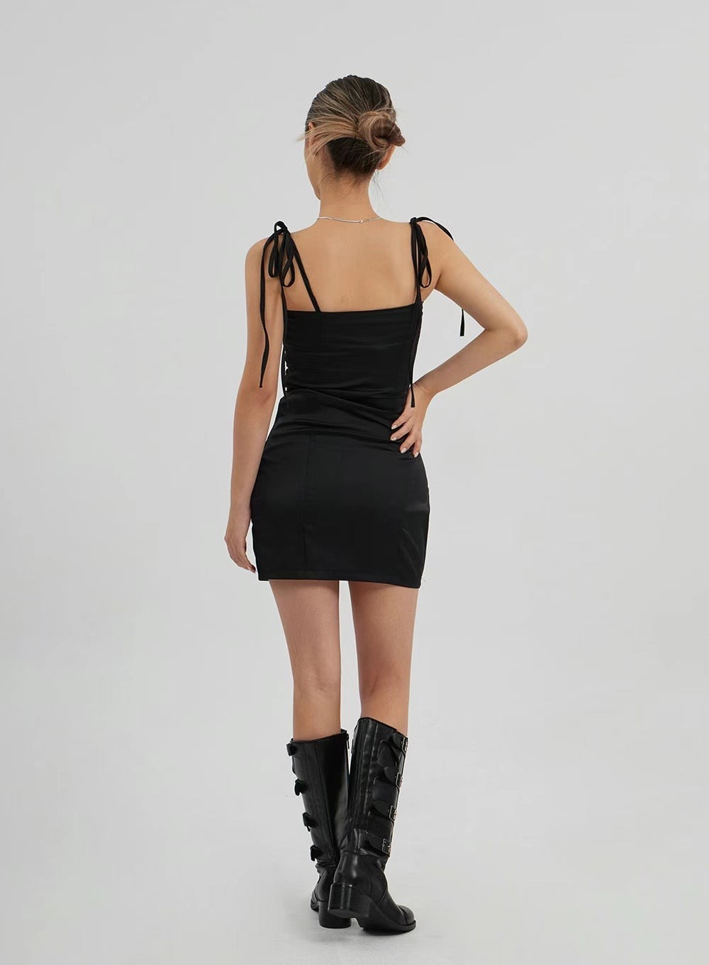 Perfecto Tie Shoulder Silky Dress - Black