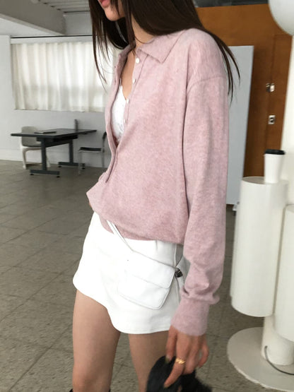 Collared Button-Front Fine Knit Sweater - 4 colours