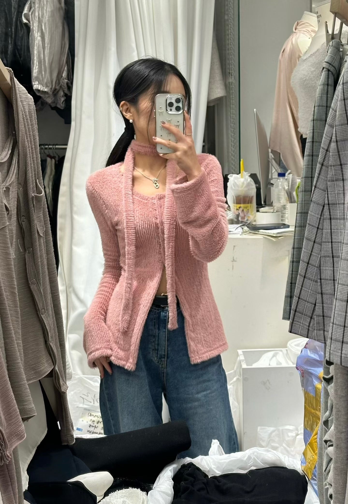 [ 🆕 搶手goody! 毛毛開衩長衫~ ] Fluffy Split Button Up  + Skinny Scarf - 3 colours