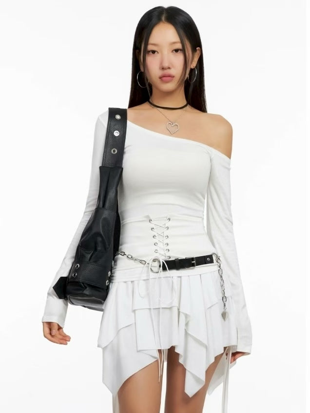 [ 🆕 設計感up! 🩰 綁帶斜膊薄 top ] Girdle Belt Top - 3 colours