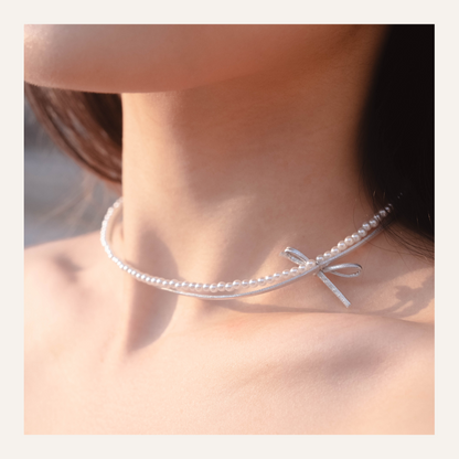 [ 韓國連線 🇰🇷 珍珠 + 銀色蝴蝶結 chocker !!] The Future Bow Double Chocker