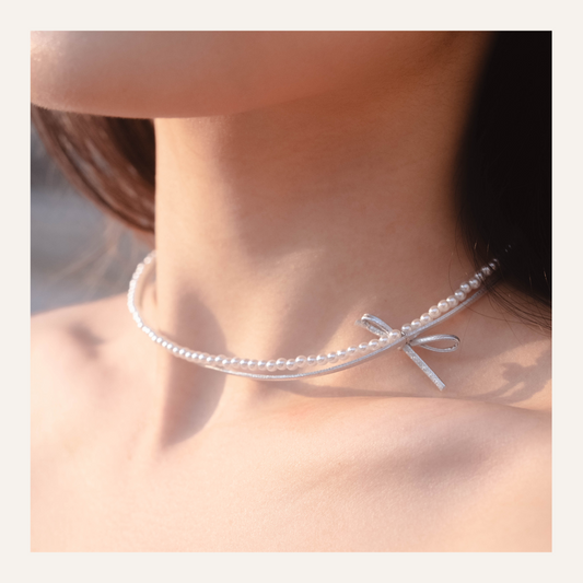 [ 韓國連線 🇰🇷 珍珠 + 銀色蝴蝶結 chocker !!] The Future Bow Double Chocker