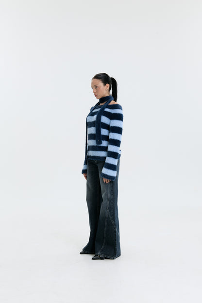 Luv Dept / Fluffy Stripes Sweater with Skinny Scarf - Blue