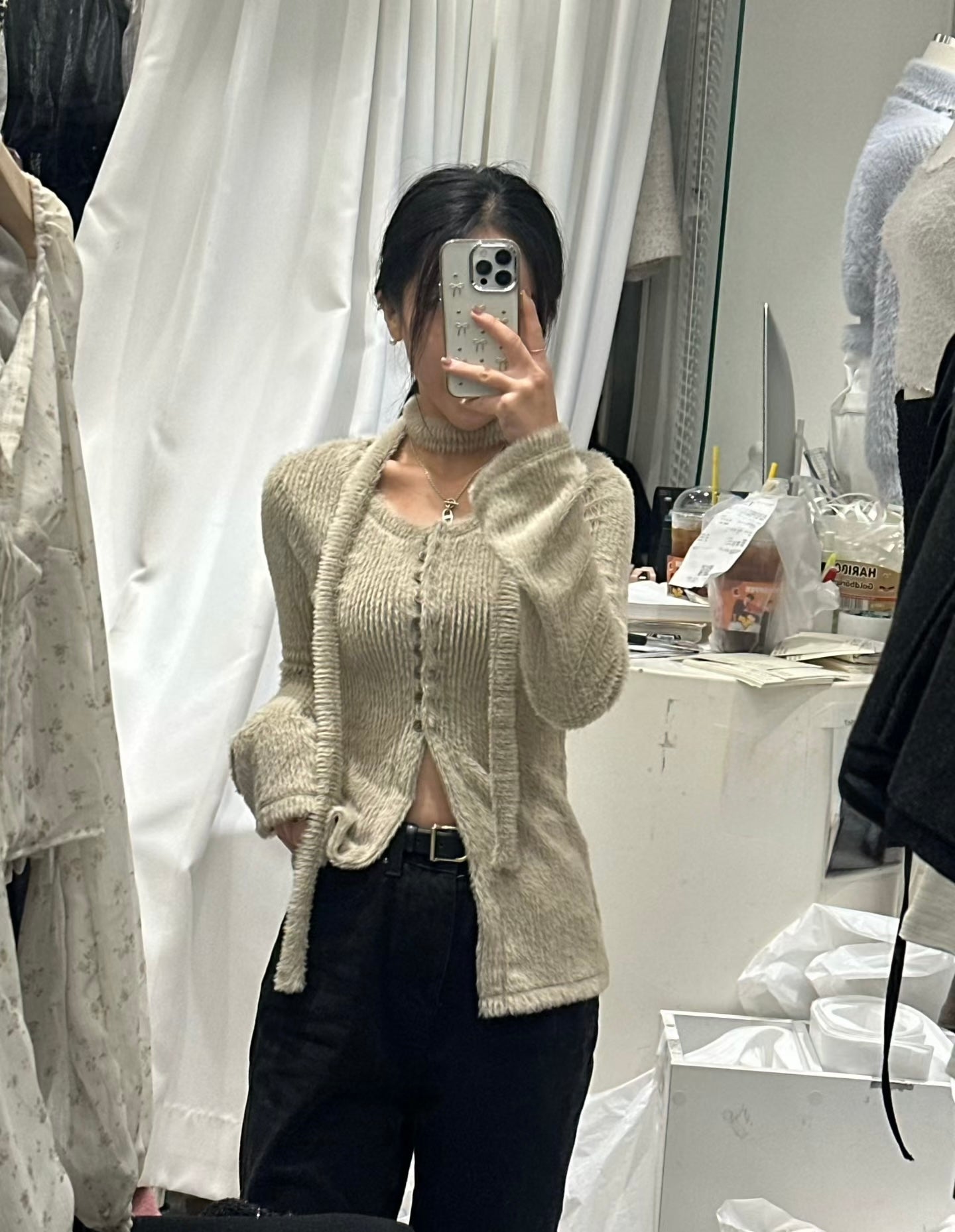 [ 🆕 搶手goody! 毛毛開衩長衫~ ] Fluffy Split Button Up  + Skinny Scarf - 3 colours