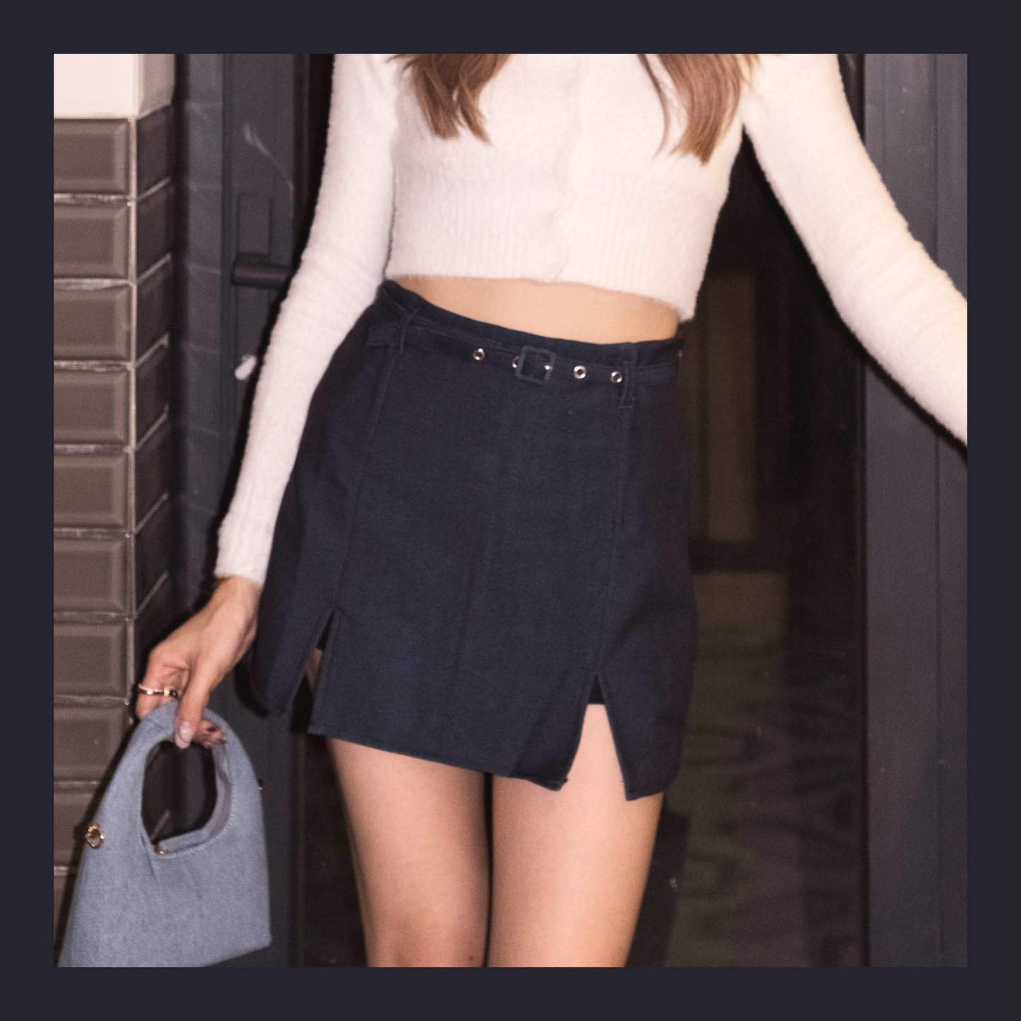 [ SO CUTE! 仿牛仔 mini skirt ]  Stretchy Mini Denim Skirt With Belt