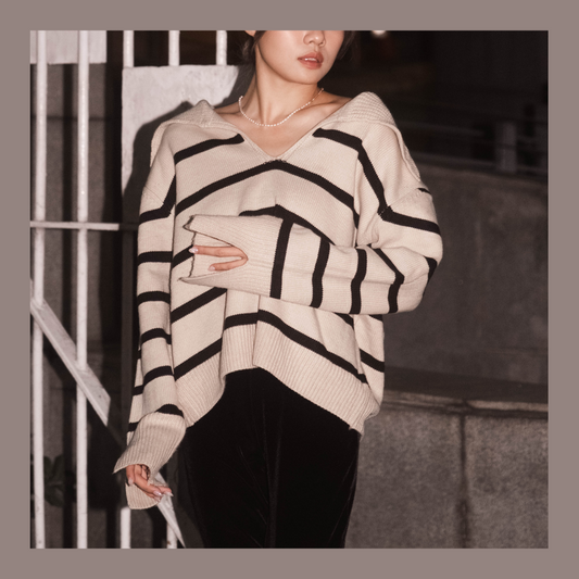 [ 知性歐美寬鬆冷衫 ] Over Collar Oversized Sweater Stripes