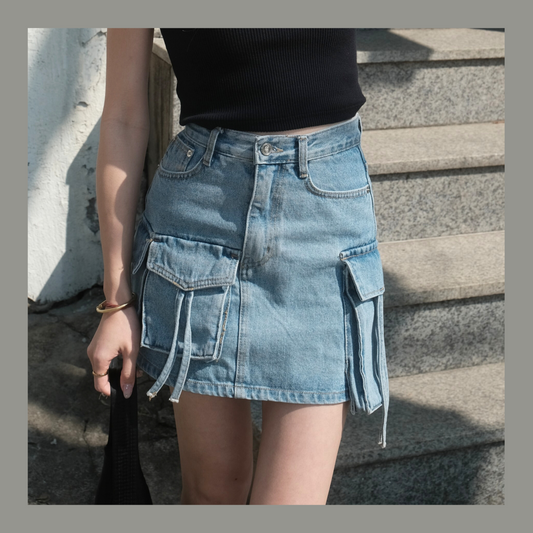 [ 韓國連線 🇰🇷 潮爆! 不撞款型格 cargo 牛仔裙 ] Pockets & Pockets Denim Skirt - Denim Blue