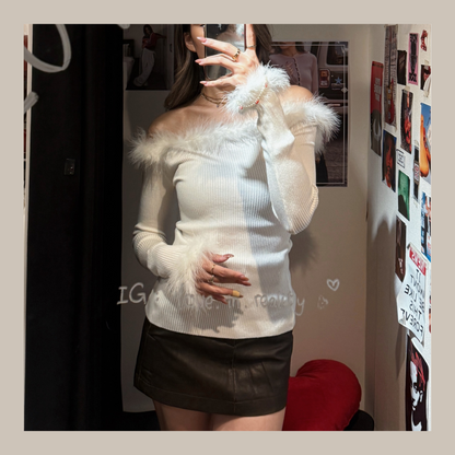 [ 特別日子必備 🥂💃🏻 毛毛領一字膊 ] Queen Grimhilde Off Shoulder Top - 2 colours
