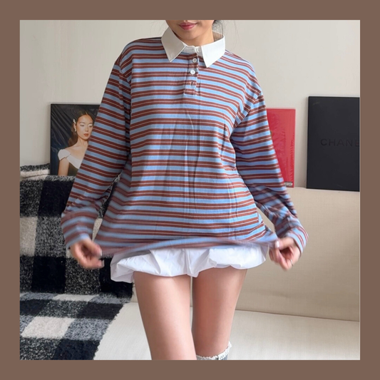 [ 🆕 今季流行色! 歐美 pinterest style ] Blueberry Muffin Stripes Long Sleeves Polo