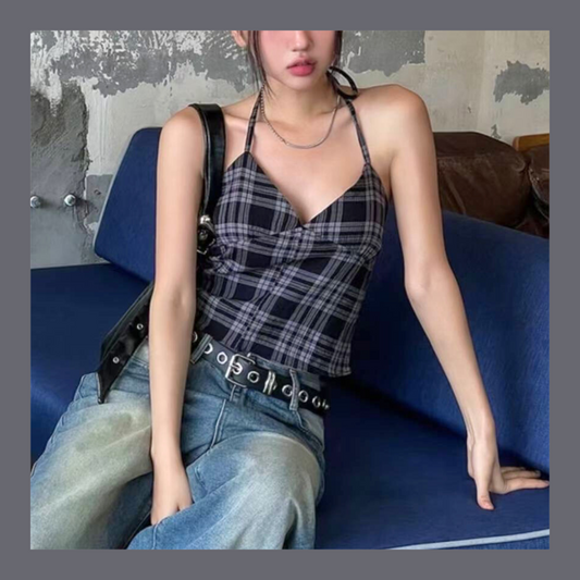 [ 新品優惠 🆕 個性不撞款 復古甜辣格仔吊帶 ] Checked Vintage Top (free scrunchie!) - 2 colours