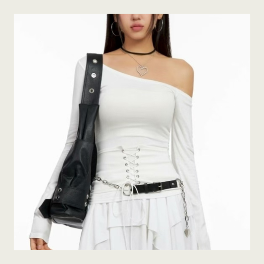[ 🆕 設計感up! 🩰 綁帶斜膊薄 top ] Girdle Belt Top - 3 colours