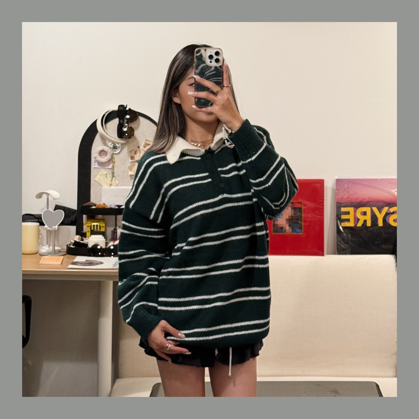 [ 🆕 墨綠橫間 🏫, 歐美校園風 ] Canvas Sweater Oversize