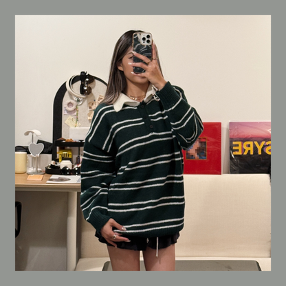 [ 🆕 墨綠橫間 🏫, 歐美校園風 ] Canvas Sweater Oversize