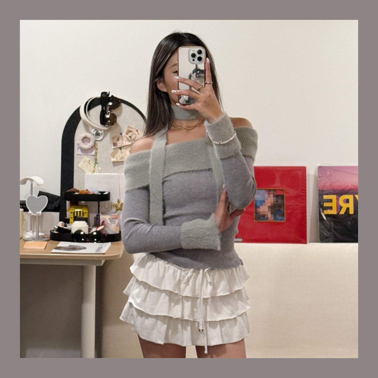 [ 🆕 可愛又小性感~ 毛毛一字膊 ] Little Bun Fluffy Off Shoulder Top + Skinny Scarf - 2 colours