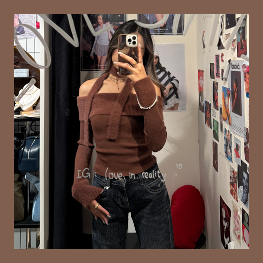 [ 🆕 可愛又小性感~ 毛毛一字膊 ] Little Bun Fluffy Off Shoulder Top + Skinny Scarf - 2 colours