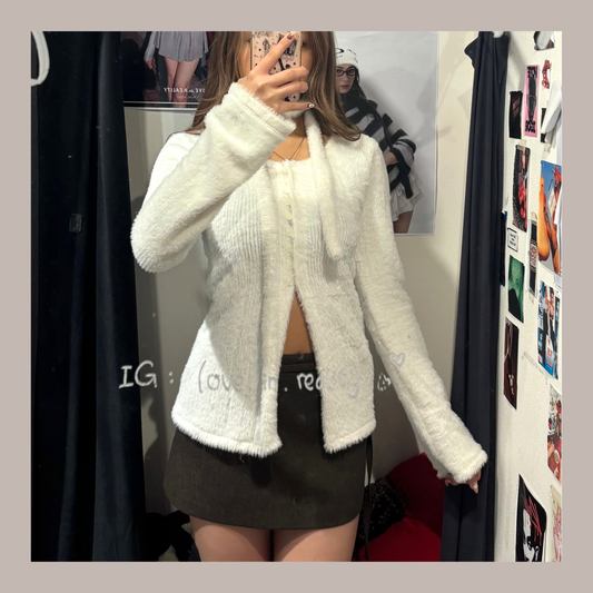 [ 🆕 搶手goody! 毛毛開衩長衫~ ] Fluffy Split Button Up  + Skinny Scarf - 3 colours