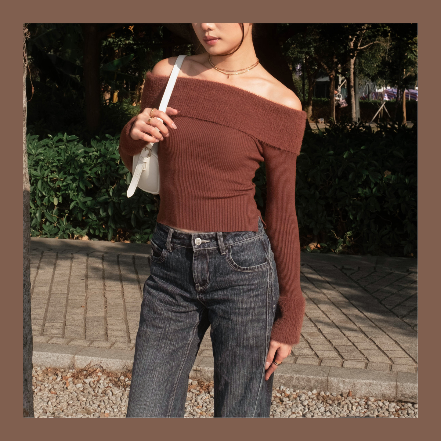 [ 可愛又小性感~ 毛毛一字膊 ] Little Bun Fluffy Off Shoulder Top + Skinny Scarf - 2 colours