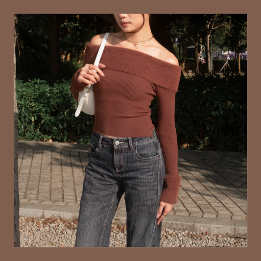 [ 🆕 可愛又小性感~ 毛毛一字膊 ] Little Bun Fluffy Off Shoulder Top + Skinny Scarf - 2 colours