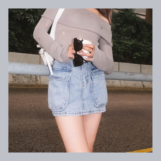 [ 版型滿分! 顯瘦必備工裝牛仔短裙 (有打底) ] Pockets Cargo Denim Skirt - 2 colours