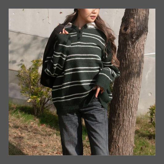 [ 🆕 墨綠橫間 🏫 歐美校園風 ] Canvas Sweater Oversize