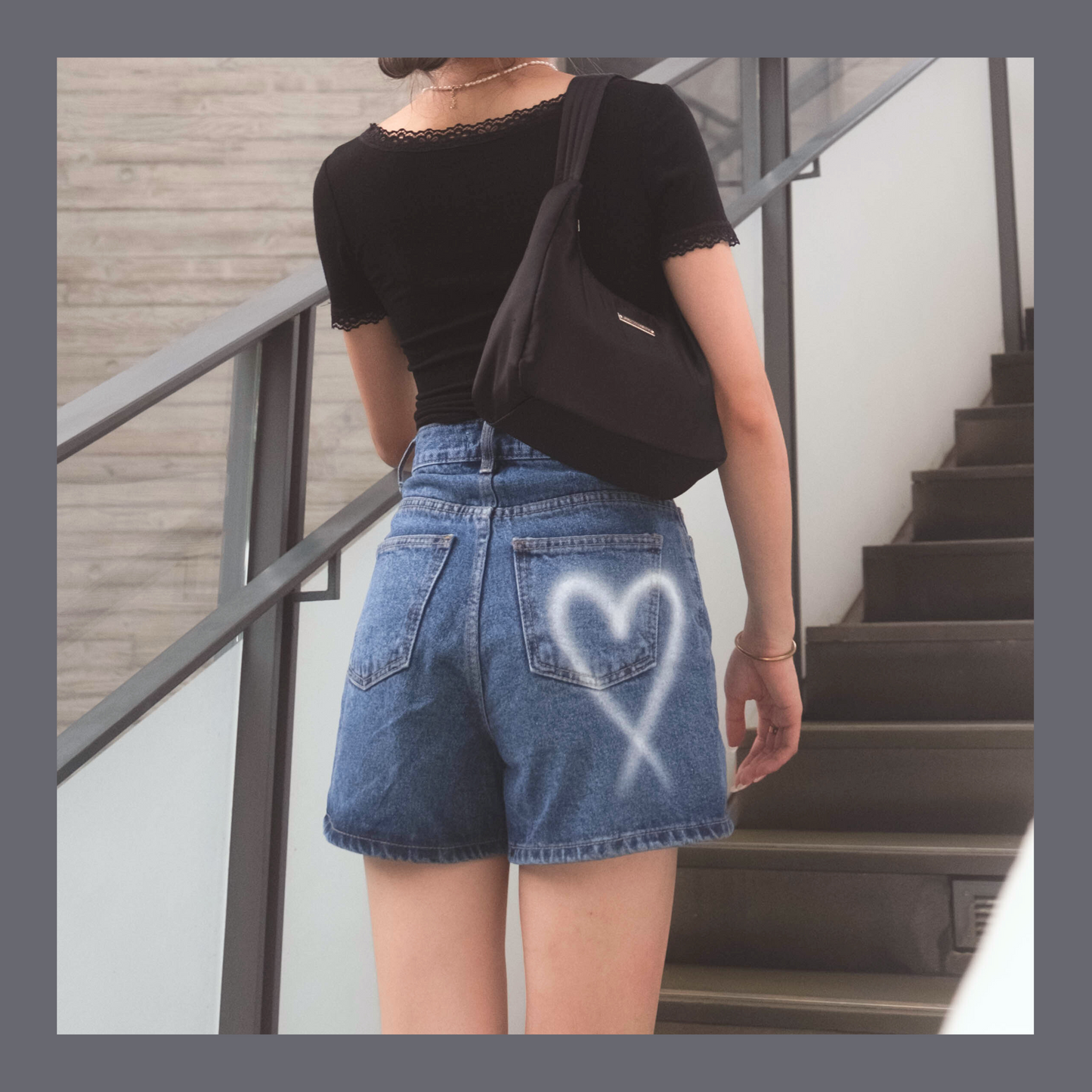 [ 型格心心短牛仔 ] I Heart Graffiti Denim Shorts - Dark Blue