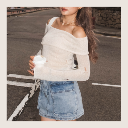 [ 必入手! 軟熟針織一字膊 叛逆微破爛 ] Soft But Rebellious Off Shoulder Knit Top - 3 colours