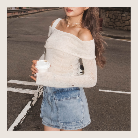 [ 必入手! 軟熟針織一字膊 叛逆微破爛 ] Soft But Rebellious Off Shoulder Knit Top - 3 colours