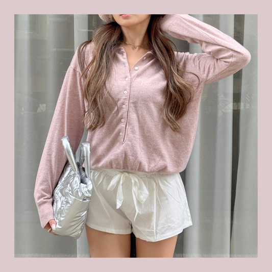 Collared Button-Front Fine Knit Sweater - Pink