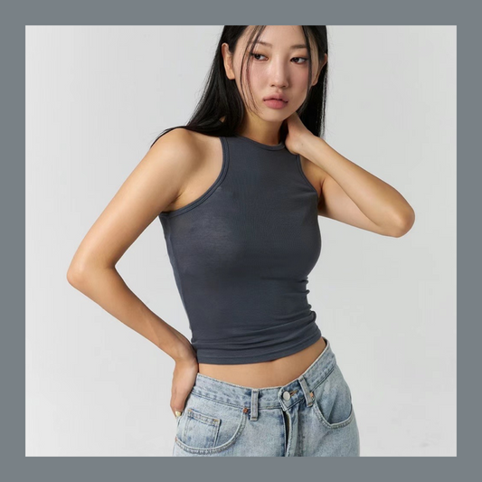 [ 無法抗拒的軟綿綿質感! ] Sheer Halter Neck Top - Grey