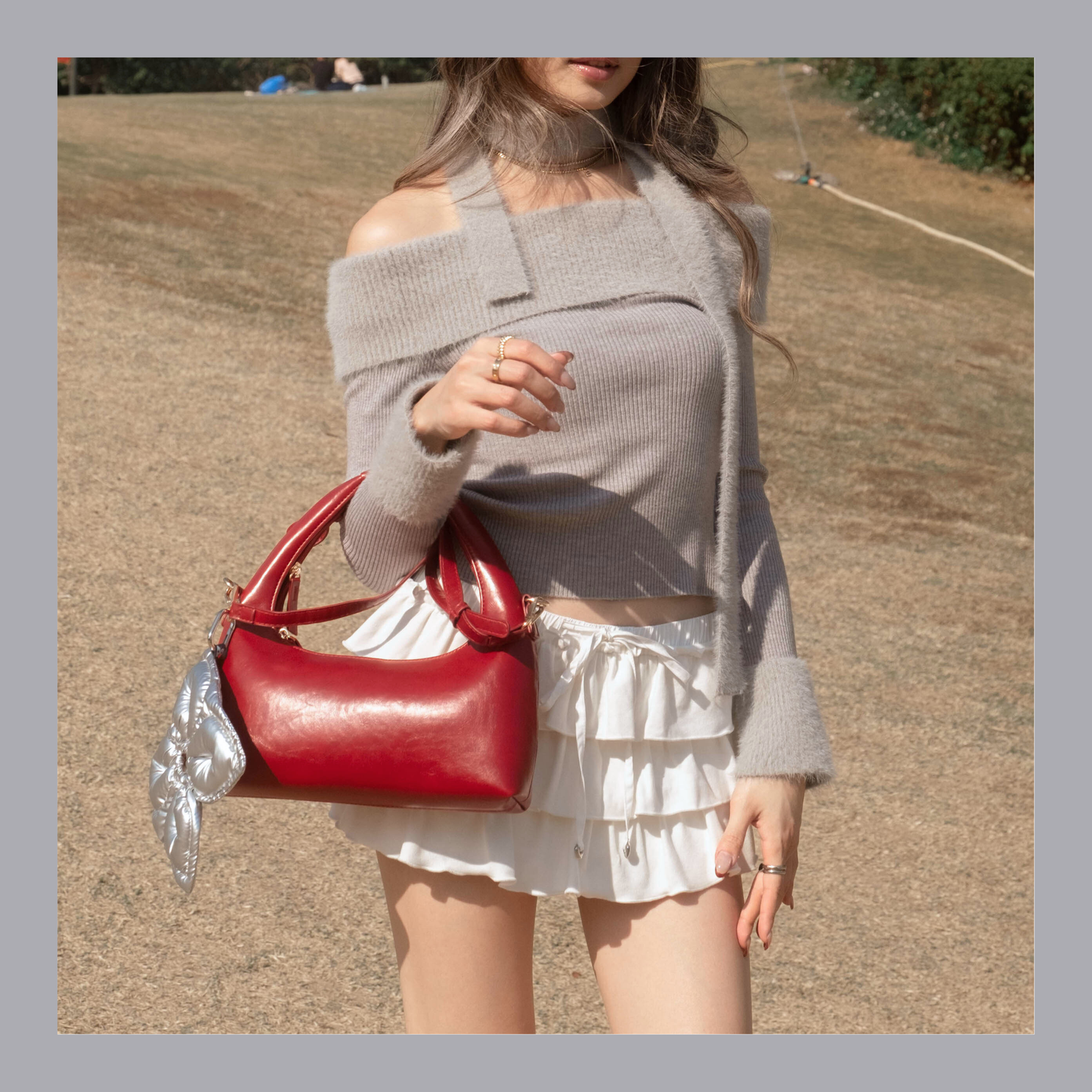 [ 可愛又小性感~ 毛毛一字膊 ] Little Bun Fluffy Off Shoulder Top + Skinny Scarf - 2 colours