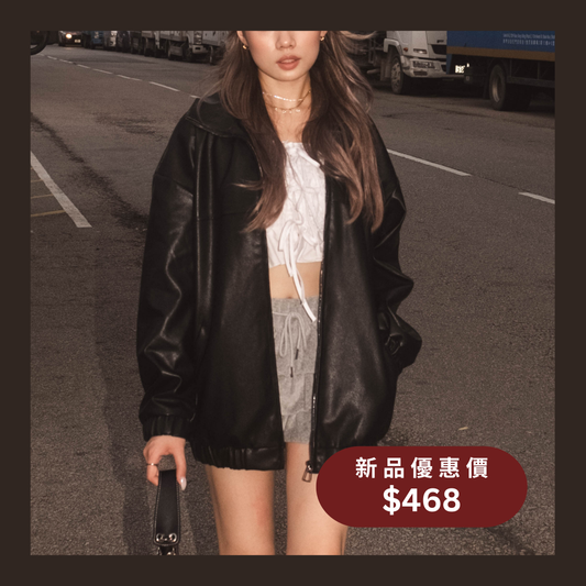 [ DAY 2 新品 - 全黑型格反領皮褸 ] BlackJack Oversized Faux Leather Jacket