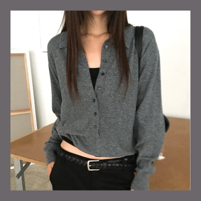 Collared Button-Front Fine Knit Sweater - 4 colours