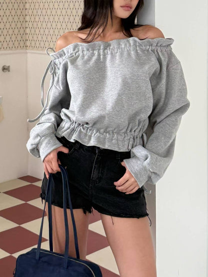 [ 🆕 漲卜卜 puffy 綁帶一字膊 ] Puffy Daily Off-shoulder Sweatshirt - 2 colours