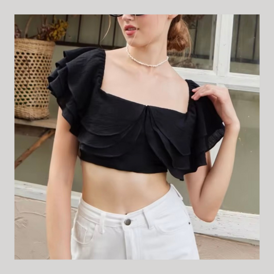 [ Lady~ 飄飄彈性小性感] Dear Ruffle Off-shoulder Top - Black