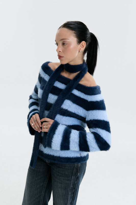 Luv Dept / Fluffy Stripes Sweater with Skinny Scarf - Blue