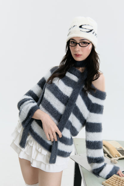 Luv Dept / Fluffy Stripes Sweater with Skinny Scarf - Charcoal