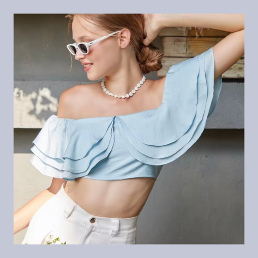 [ Lady~ 飄飄彈性小性感] Dear Ruffle Off-shoulder Top - Sky Blue