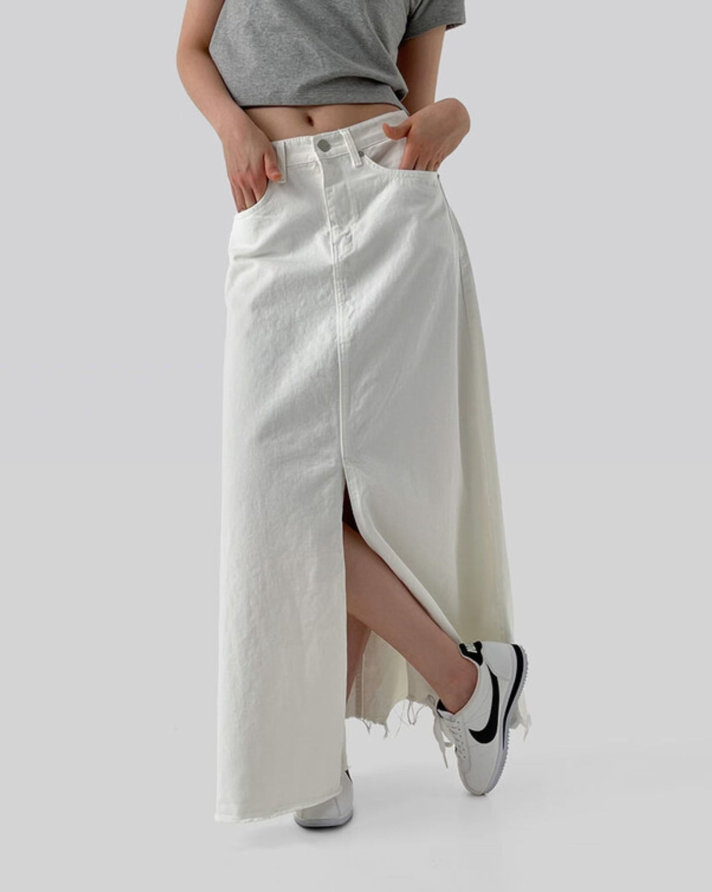 🆕 Frayed Off-White Denim Maxi Skirt