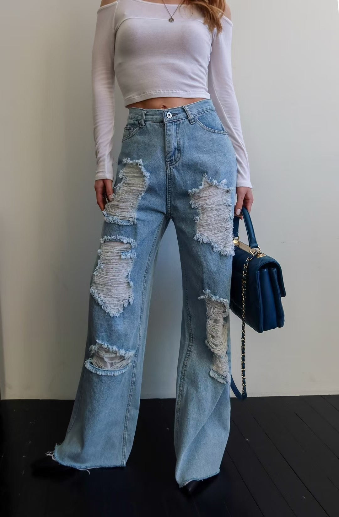 [ 不限身形! 完美版型! 高腰闊腳爛牛 (不露肉) ] XOXO Wide Leg Ripped Jeans - 2 colours