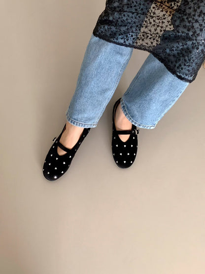[ 🆕 好可愛!! 絨面心型 Mary Jane flats] Mini Heart Velvet Flats