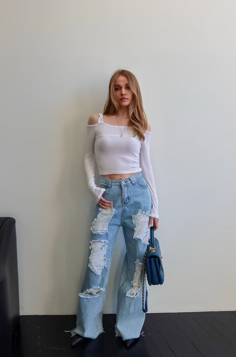 [ 不限身形! 完美版型! 高腰闊腳爛牛 (不露肉) ] XOXO Wide Leg Ripped Jeans - 2 colours