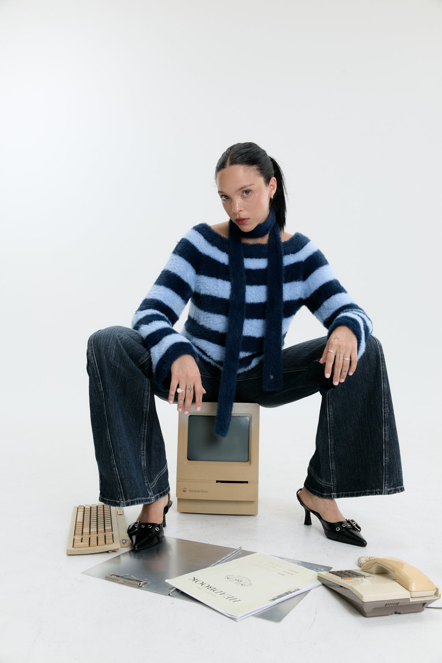 Luv Dept / Fluffy Stripes Sweater with Skinny Scarf - Blue