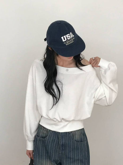 [ 🆕 型格寬鬆 斜膊鐵圈 top] Cool Girl Studs Off-shoulder Top - 2 colours