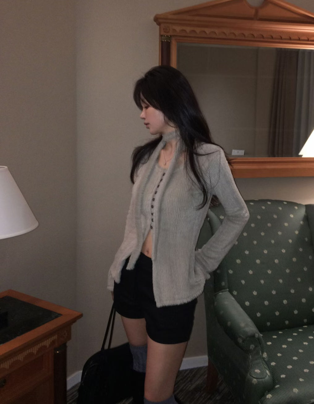 [ 🆕 搶手goody! 毛毛開衩長衫~ ] Fluffy Split Button Up  + Skinny Scarf - 3 colours