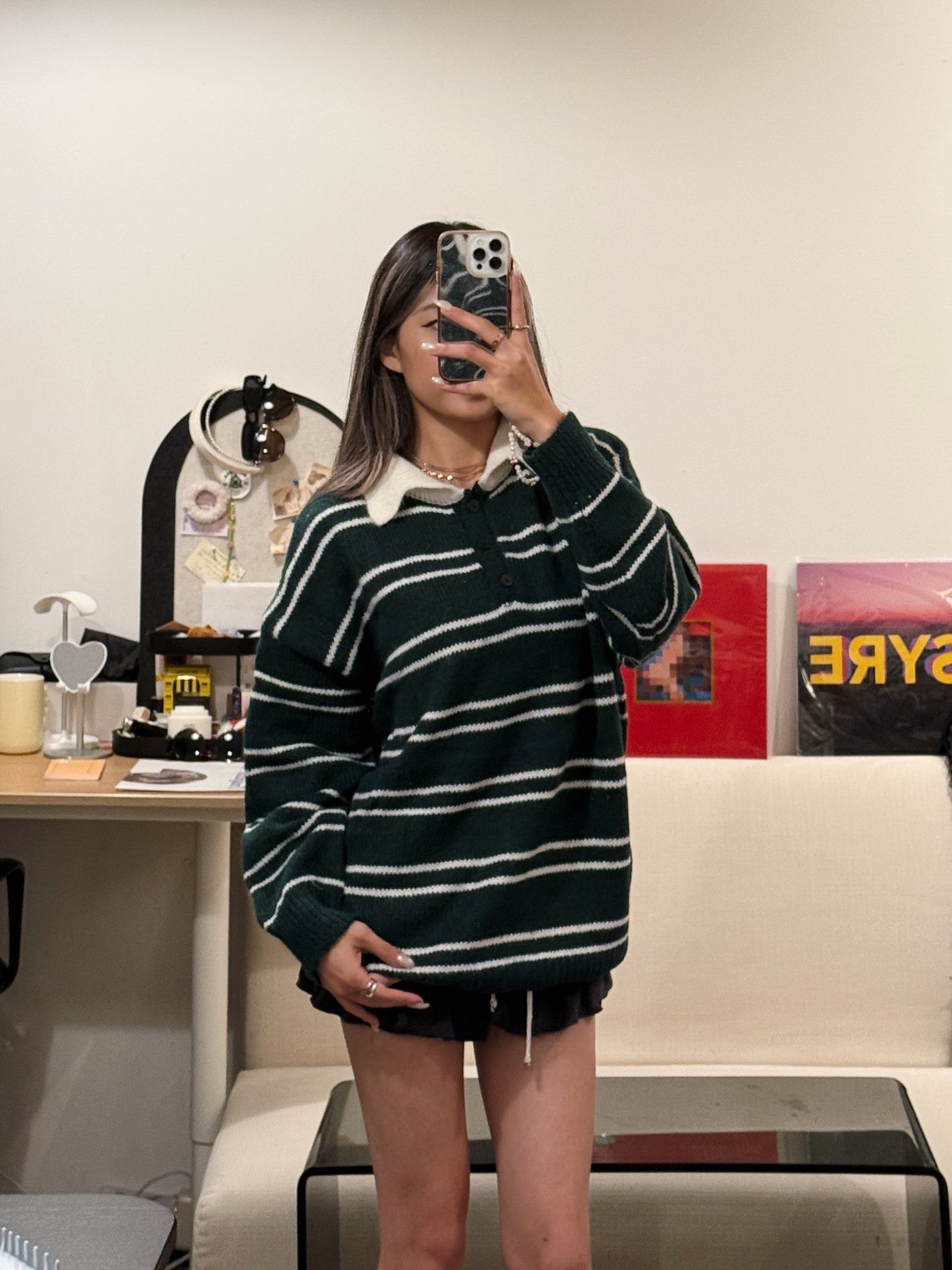 [ 🆕 墨綠橫間 🏫, 歐美校園風 ] Canvas Sweater Oversize